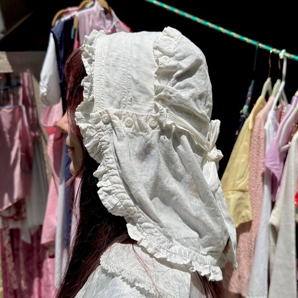 Antique white linen ruffled babydoll lappet bonnet sun skirt & glass buttons main image 4